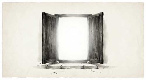 Puerta tradicional china de madera abierta hacia un vacío blanco brillante, sin marco ni bisagras visibles, simbolizando el acceso directo a la verdad, estilo minimalista zen tinta lavada