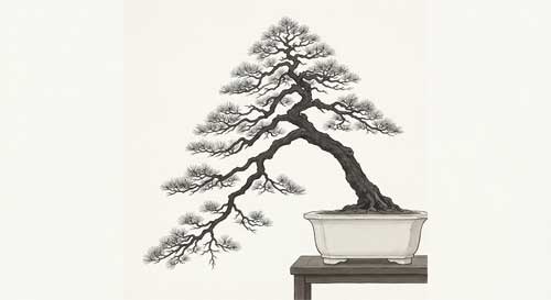 Silueta artística de un árbol penjing con ramas bien definidas contra fondo claro, destacando la estructura triangular asimétrica y el movimiento del tronco, estilo dibujo técnico elegante