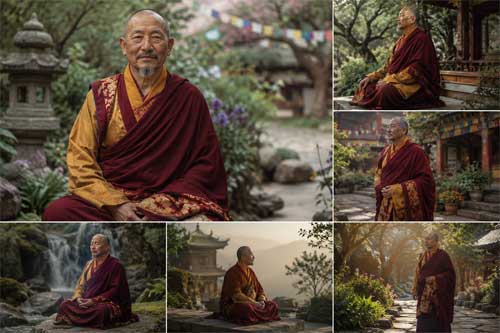 Maestro tibetano con vestimenta tradicional en un jardín tranquilo, transmitiendo serenidad y estabilidad ancestral
