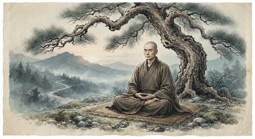 Maestro zen sentado en meditación bajo un árbol antiguo, con expresión serena pero alerta, luz tenue de atardecer, atmósfera de quietud profunda y presencia consciente, estilo pintura tinta