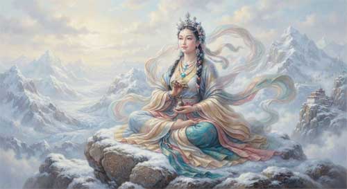 Representación artística de una dakini tibetana en un paisaje montañoso nevado, con vestimenta tradicional y expresión serena