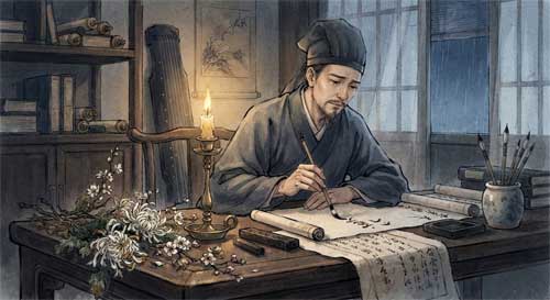 Ilustración de un erudito Tang escribiendo con pincel bajo la luz de una vela, con una expresión de tristeza serena, rodeado de rollos de poesía y flores marchitas sobre la mesa