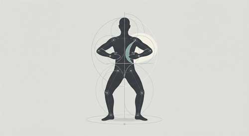 Silueta de persona practicando Zhan Zhuang abrazando un árbol imaginario, postura firme y relajada, líneas de alineación corporal sutiles superpuestas, fondo minimalista gris claro