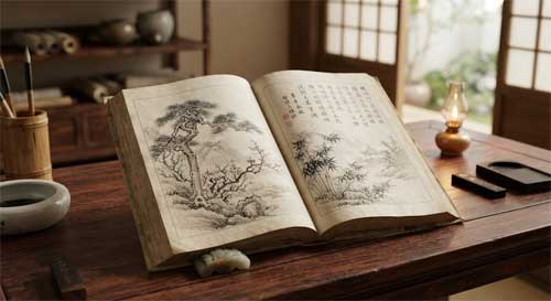 Libro antiguo abierto con ilustraciones de árboles y caligrafía china, sobre una mesa de madera noble