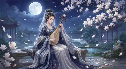Ilustración de una dama Tang tocando un laúd pipá bajo la luz de la luna, con una expresión de melancolía digna, vestida con sedas finas y rodeada de flores de magnolia