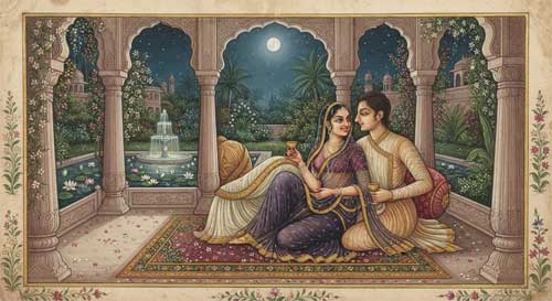 Pareja joven en un jardín nocturno iluminado por la luna, compartiendo una mirada intensa y silenciosa, estilo de miniatura india tradicional
