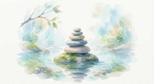 Representación simbólica de elementos naturales equilibrados, como agua fluyendo suavemente entre piedras, simbolizando la armonía