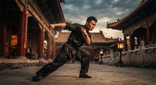 Practicante de Baji Quan ejecutando una técnica de hombro explosiva en postura baja, demostrando el poder penetrante característico del estilo