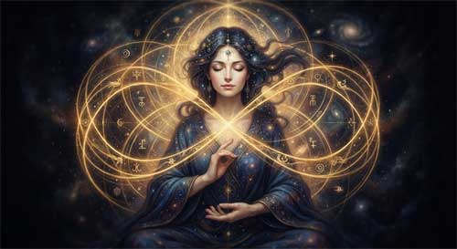 Representación simbólica de Bhaddā Kāpilānī con un hilo luminoso que conecta diferentes escenas de vidas pasadas, estilo onírico y espiritual