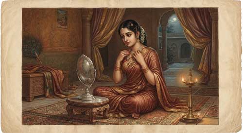 Mujer joven adornada con joyas mirando su reflejo en un espejo antiguo, con expresión melancólica y pensativa, estilo pintura india clásica