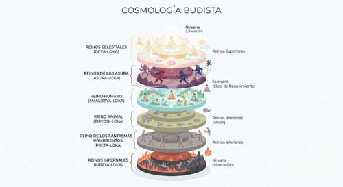 Representación artística de la cosmología budista con los seis reinos, montañas sagradas y seres celestiales, estilo limpio y moderno