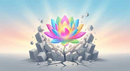 Ilustración simbólica de una flor de loto rompiendo cadenas o barreras, con colores vibrantes que mezclan tonos espirituales y modernos, estilo artístico contemporáneo