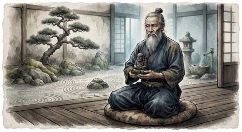 Maestro de artes marciales en postura firme y serena, con una estatua de Kannon (diosa de la misericordia) sutilmente integrada en el fondo, simbolizando la calma espiritual