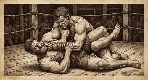 Ilustración de dos luchadores en una llave de sumisión intensa, estilo vintage