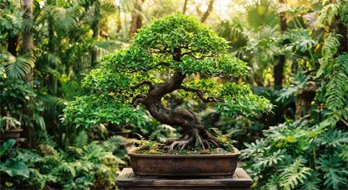 Penjing vibrante al estilo Lingnan de Guangdong con follaje denso verde brillante, tronco robusto con movimiento natural, representando obra clásica de Chen Quan