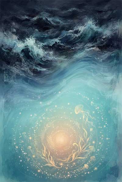 Un océano profundo donde las olas superficiales turbulentas se calman gradualmente hacia el fondo, revelando un núcleo de luz dorada y serena