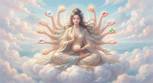 Figura serena de Avalokiteśvara con múltiples brazos sosteniendo objetos simbólicos, rodeada de una aura suave y protectora