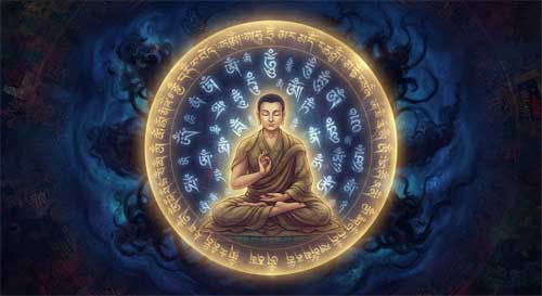 Símbolos sánscritos dorados flotando en un círculo de luz protectora alrededor de una figura meditativa en un entorno oscuro