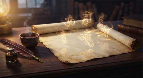 Un antiguo rollo de pergamino desplegado sobre una mesa de madera, con símbolos sánscritos brillantes flotando sobre él