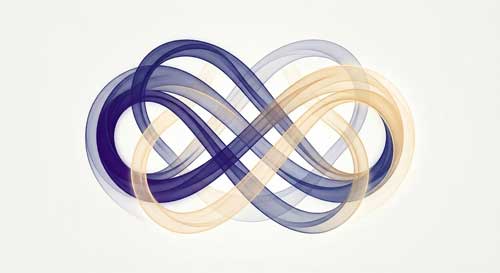 Ilustración simbólica de dos hilos de luz, uno azul profundo (vacuidad) y otro dorado (claridad), entrelazándose perfectamente en un nudo infinito sin principio ni fin