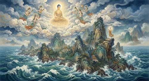 El Buda Shakyamuni flotando sobre las olas del océano mientras se acerca a la isla montañosa de Laṅkā, observado por figuras celestiales