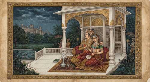 Miniatura india clásica representando una escena romántica bajo la lluvia con colores vibrantes