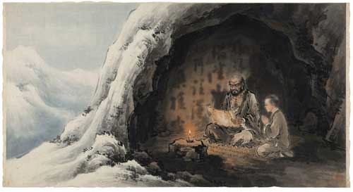 Monje meditativo en una cueva montañosa sosteniendo un rollo antiguo, simbolizando la transmisión secreta del Laṅkāvatāra Sūtra