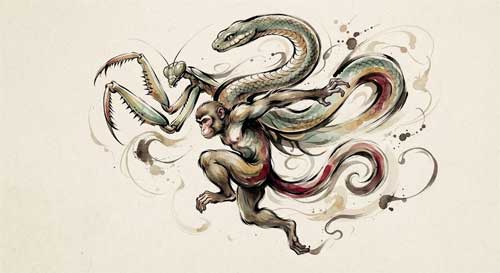 Collage artístico que muestra siluetas dinámicas de una mantis religiosa, una serpiente y un mono en posturas de combate estilizadas