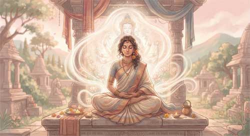 Representación artística de Gelongma Palmo en meditación, con una atmósfera serena y devocional hacia Chenrezig, estilo tradicional tibetano suavizado