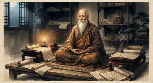 Maestro budista meditando frente a una pila de sutras, con una luz suave que ilumina su rostro sereno