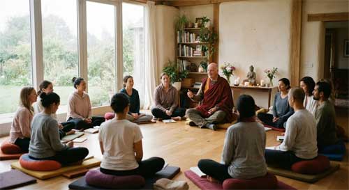 Maestro Hans Burghardt enseñando en un entorno acogedor, con estudiantes atentos, ambiente cálido y cercano típico de los centros FPMT