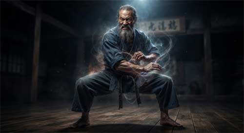 Practicante de karate ejecutando el kata Sanchin con tensión muscular visible y respiración profunda, estilo dinámico y potente