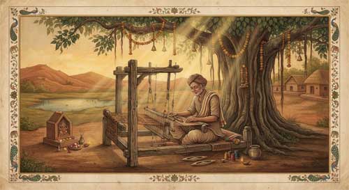 Ilustración estilo miniatura india mostrando a un hombre sencillo tejiendo en un telar con luz dorada espiritual