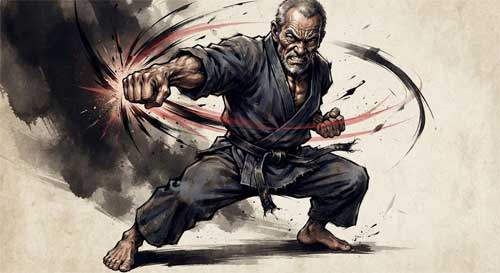 Retrato de Kyan Chotoku con expresión seria y penetrante, vistiendo un gi tradicional, transmitiendo intensidad y foco mental