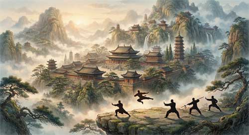 Vista artística del Monasterio Shaolin en las montañas Songshan, con monjes practicando formas en el patio
