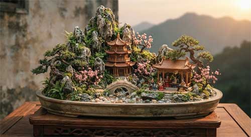 Composición elaborada de penjing histórico recreando escena de dinastía Tang con arquitectura tradicional miniatura, árboles antiguos y figuras humanas en vestimenta histórica