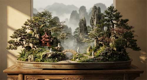 Composición narrativa de penjing con múltiples árboles, rocas dramáticas y figuras miniatura que evocan una escena de leyenda china antigua