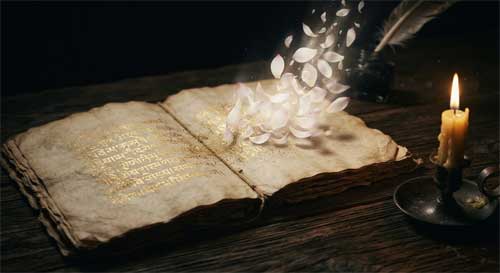 Manuscrito antiguo abierto sobre una mesa de madera oscura, con caracteres sánscritos difuminados que se transforman en lotos flotantes, luz tenue de vela