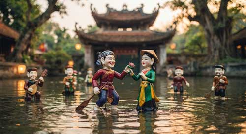 Marionetas de madera pintadas emergiendo de una piscina rectangular, representando una escena de cortejo rural con colores vivos