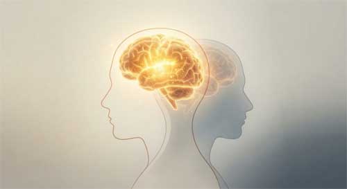 Comparación artística sutil de dos perfiles cerebrales, uno con volumen pleno y brillante y otro más tenue, simbolizando la preservación del tejido cerebral gracias a la meditación