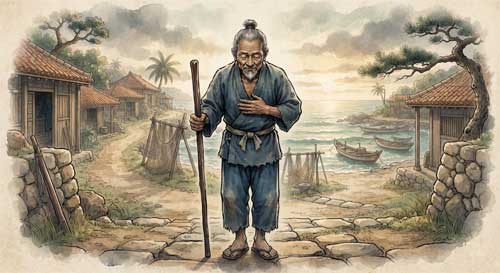 Maestro de artes marciales sosteniendo un bastón largo bo con dignidad, vestido con ropas tradicionales okinawenses, fondo de aldea costera