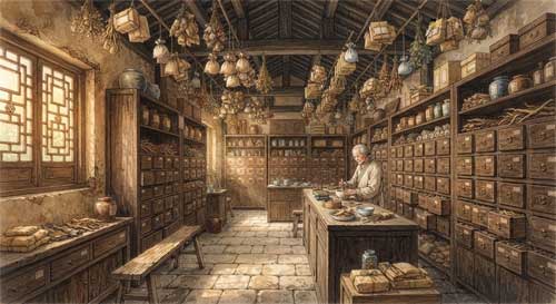 Interior de una farmacia tradicional china con cajones de madera etiquetados y bolsas de hierbas secas colgando