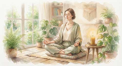 Persona meditando en posición de loto en una habitación luminosa con plantas