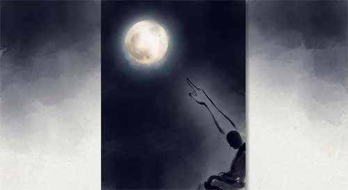 Silueta de un maestro señalando la luna mientras el discípulo mira hacia ella, no hacia el dedo