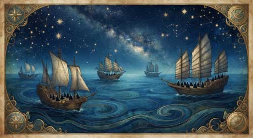 Antiguos barcos mercantes navegando en el Océano Índico bajo un cielo estrellado, con monjes a bordo