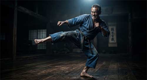 Retrato intenso de Motobu Choki con expresión fiera y postura de combate baja, transmitiendo potencia y agresividad controlada