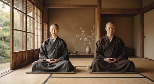 Monja budista meditando con serenidad absoluta junto a un monje, ambos en postura de loto bajo la luz suave de un templo tradicional