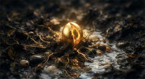 Semilla de loto brillante emergiendo del barro oscuro, simbolizando la Naturaleza de Buda latente en todos los seres