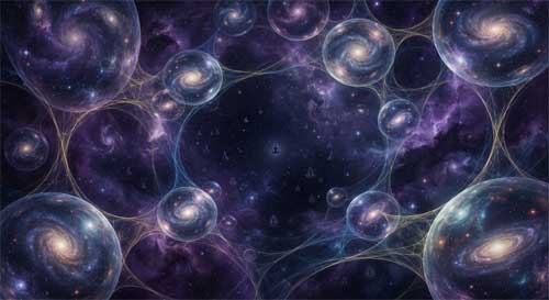 Representación abstracta de universos múltiples interconectados por hilos de luz dorada, simbolizando la infinitud de mundos y eones de tiempo