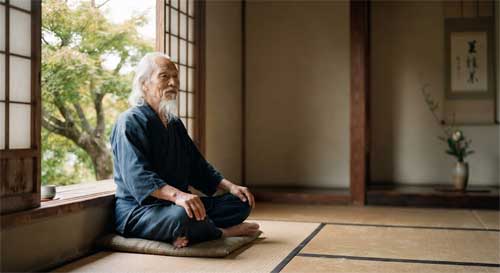 Anciano maestro zen sentado tranquilamente junto a una ventana abierta, observando el viento mover las hojas de un árbol, luz natural suave